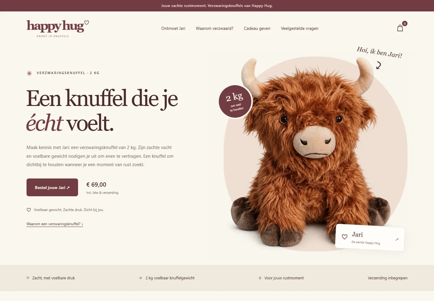 Desktopweergave van Happyhug.nl met de verzwaringsknuffel Jari, productinformatie en bestelknop