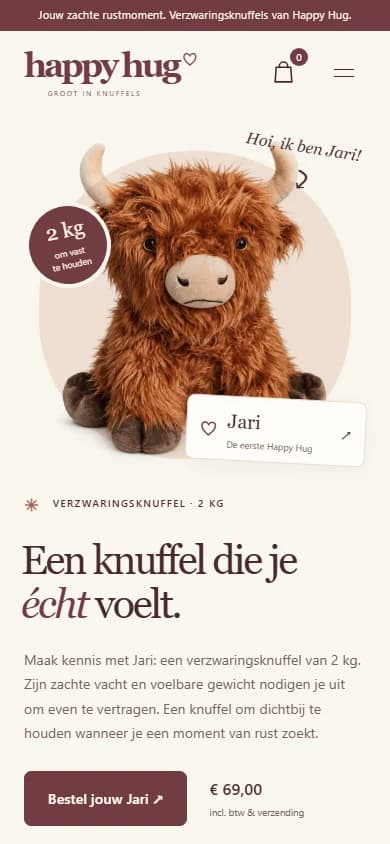 Mobiele weergave van Happyhug.nl met Jari, uitleg over de verzwaringsknuffel en bestelknop