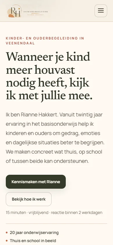 Actuele mobiele weergave van de homepage van Ontwikkelbegeleiding.nl