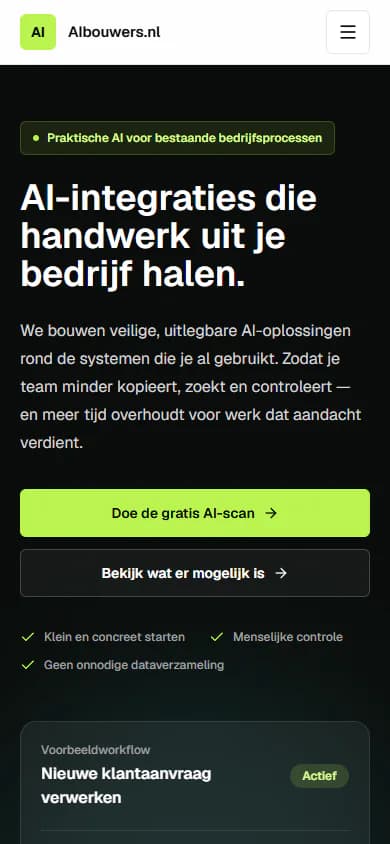 Actuele mobiele weergave van de homepage van AIbouwers.nl