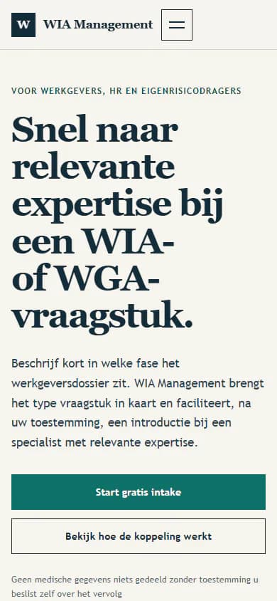 Actuele mobiele weergave van de homepage van WIA Management