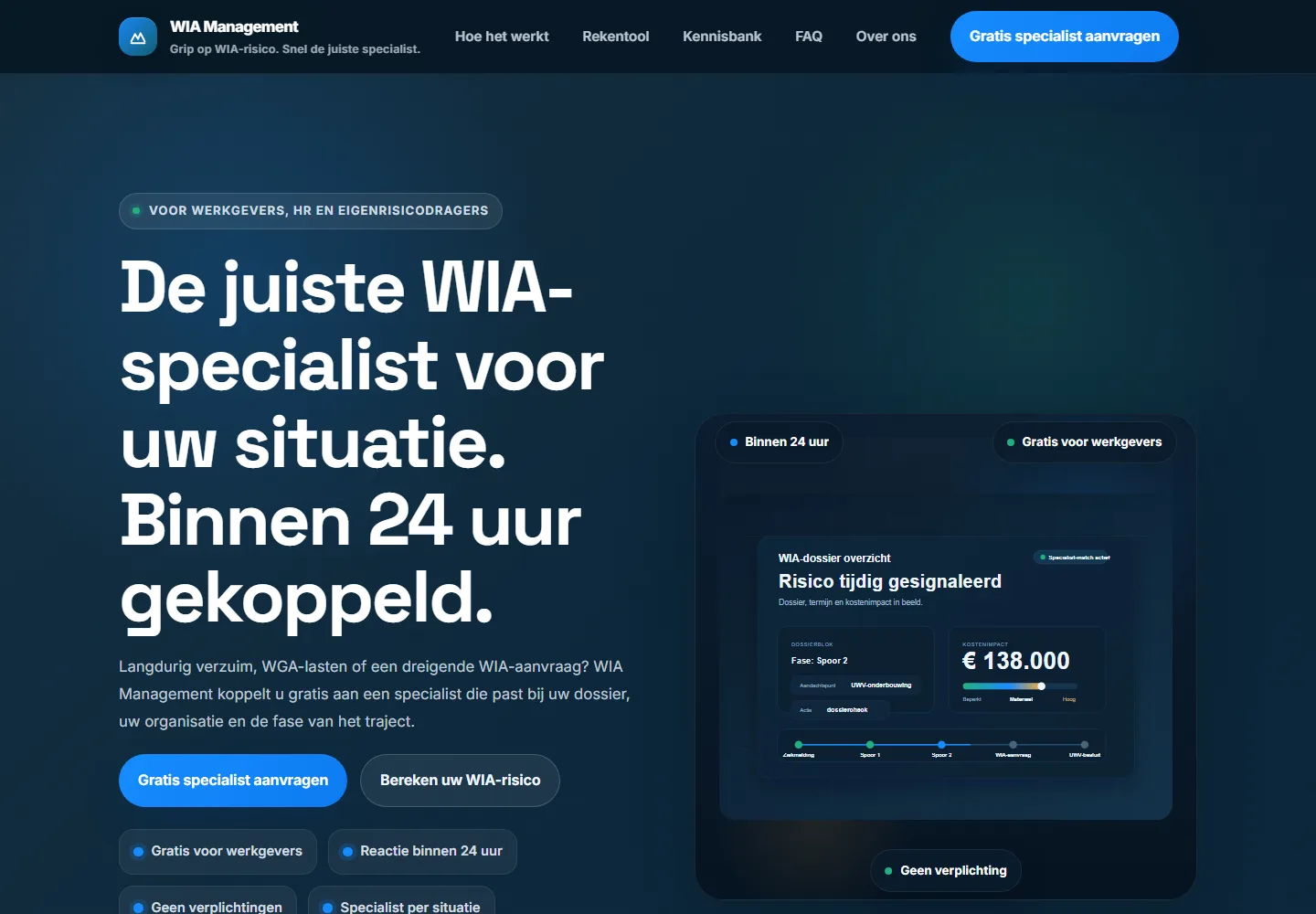 Screenshot van de homepage van WIA Management